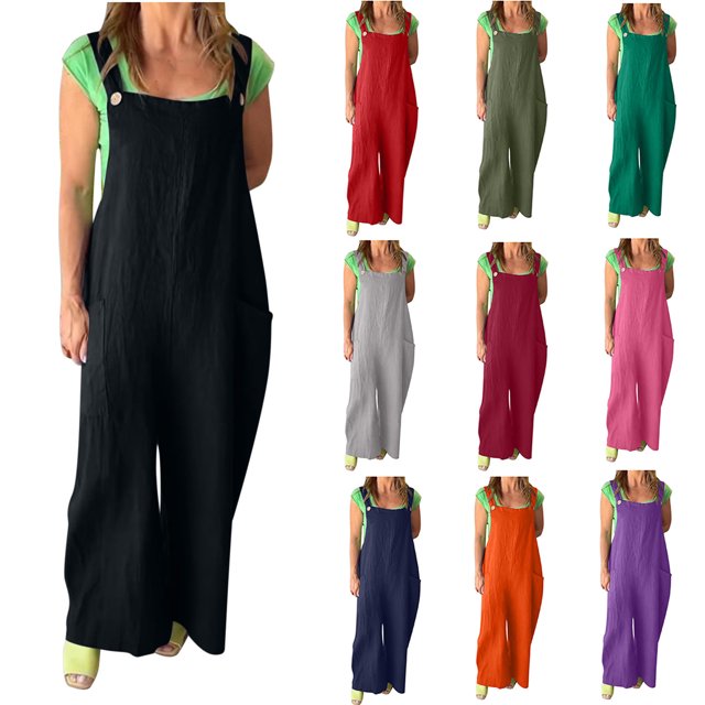 Eiyaclvo Womens Casual Overalls Sleeveless Adjustable Strap Wide Leg Rompers Lightweight Comfy Summer Beach Jumpsuits with Pockets