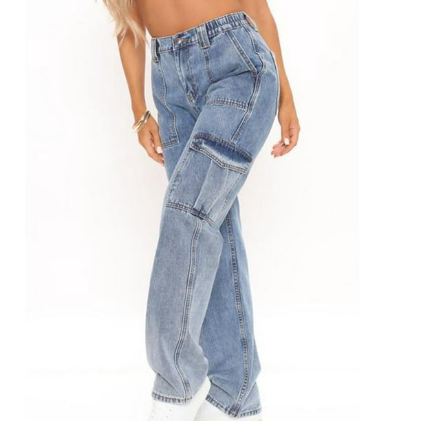 Womens Cargo Pants Wide Leg Jeans Baggy Straight Loose Casual