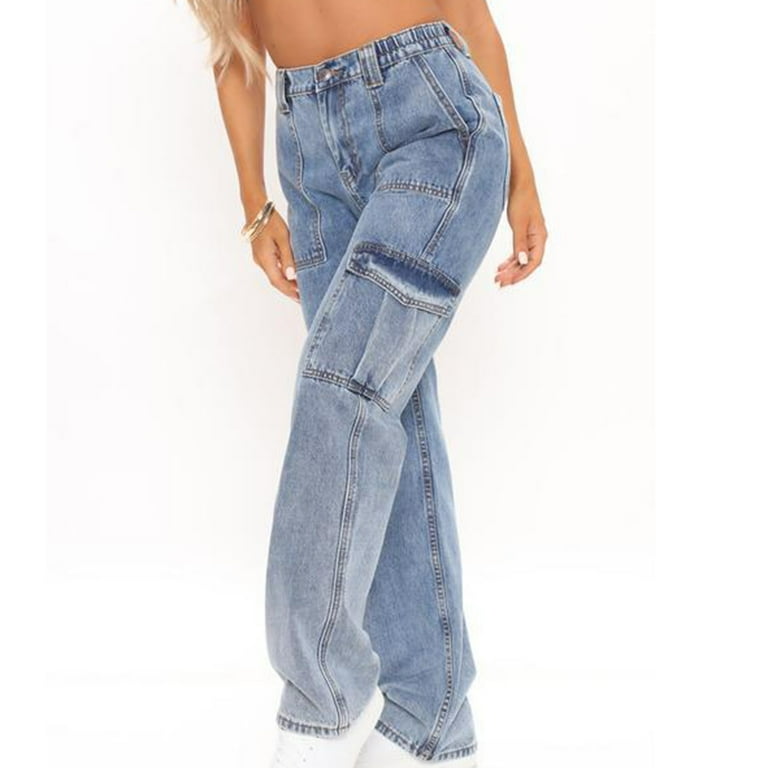 Women's High Waisted Cargo Jeans Stretch Wide Leg Denim Women's High Waisted Cargo Jeans Stretch Wide Leg Denim