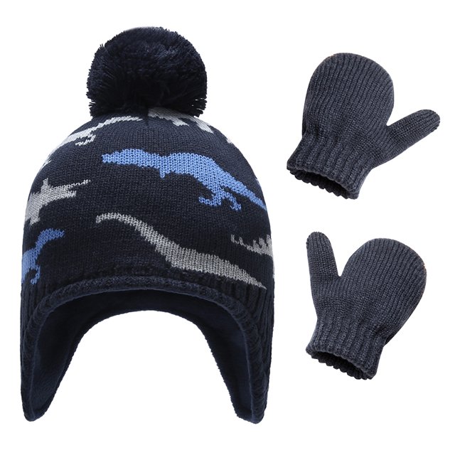 Gorro de invierno con diseño de dinosaurio para bebé, conjunto de manoplas cálidas, gorro con pompón para recién nacido, conjunto de guantes con orejeras
