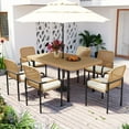 thumbnail image 2 of GO 7 Pieces Patio Dining Set, Outdoor Wicker Furniture Set, Plastic-wood Table Top with Umbrella Hole, Rattan Dining set for Backyard, Garden and Poolside,Beige Cushions, 2 of 22