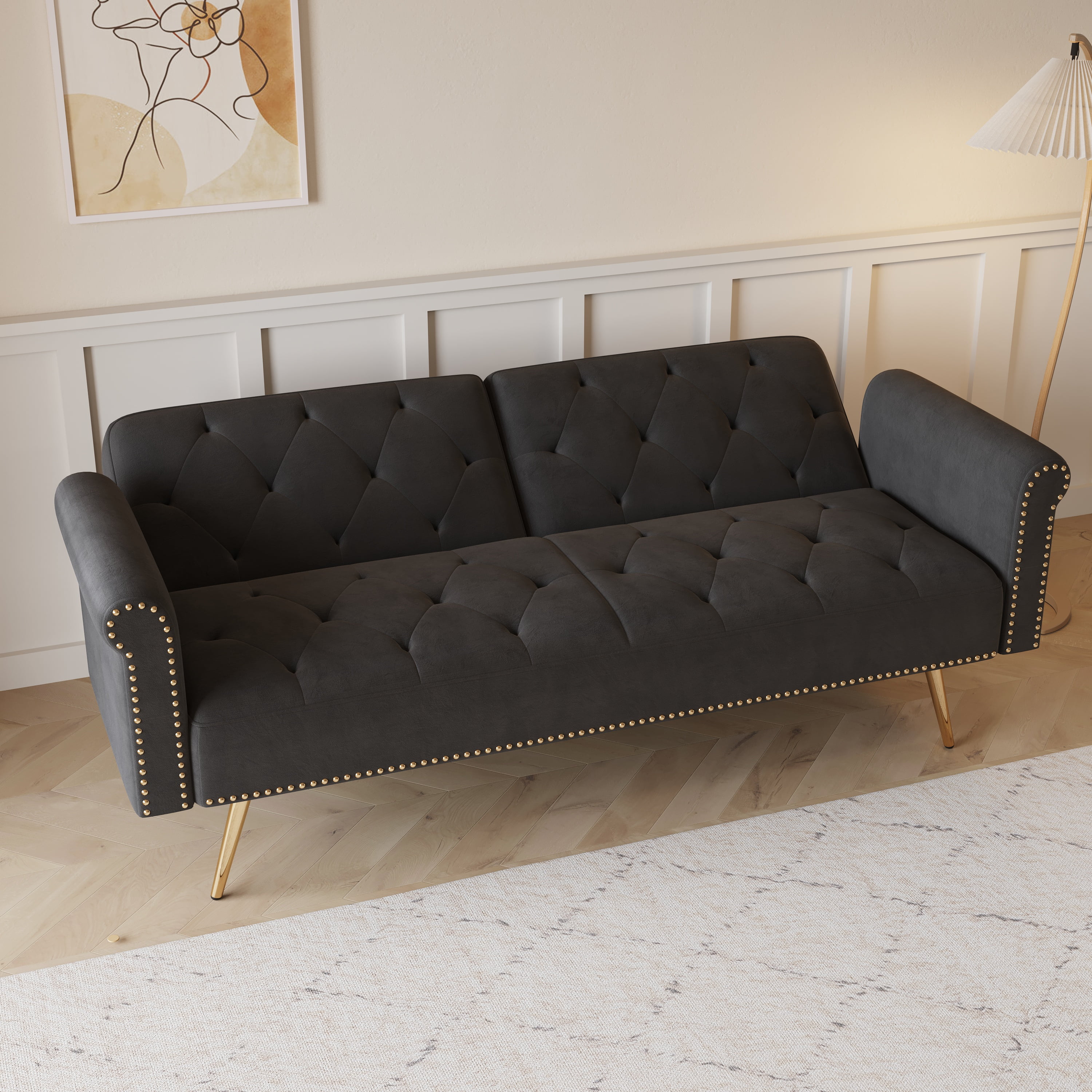 Convertible Futon Sofa Bed,Modern Velvet Upholstered Loveseat Sofa Nailhead Sleeper Couch Bed with Two Pillows for Living Room,Bedroom,Black02