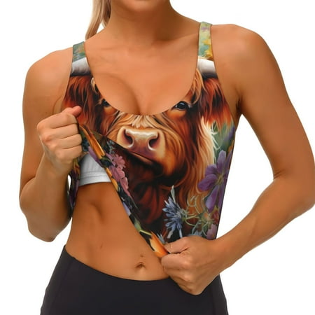 Qokaie Countryside Colorful Floral Cow Pattern Womens Scoop Neck Sports Bra Breathable Workout Vest Padded U Back Medium Impact Fitness Gym Yoga Bra Workout Crop Top