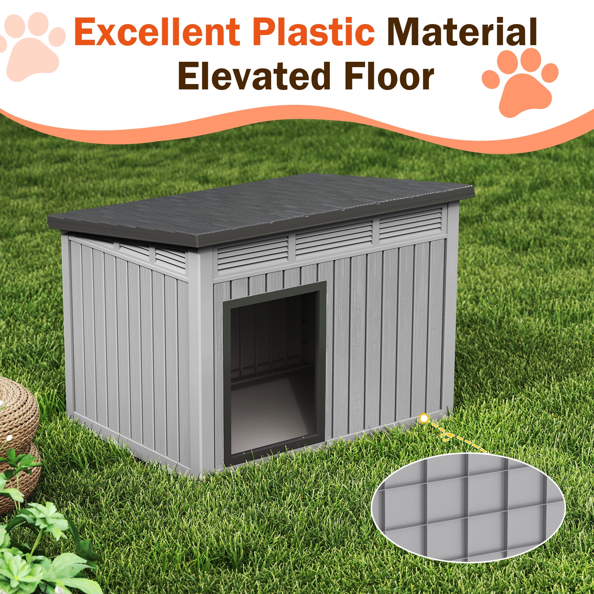 LHBcraft Waterproof Dog House,Indoor & Outdoor Dog Shelter with Ventilated Design & Removable Roof, PP Dog Kennel for Medium to Large Dogs,Gray,42.8" L x 33" W x 31" H