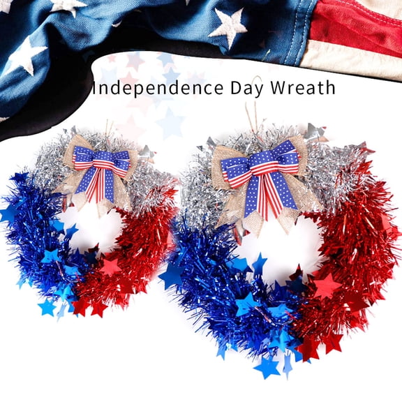 Boovnll Patriotic Wreath, 11" Handcrafted Red White Blue Plastic Ribbons Memorial Day Wreath, 4th of July Wreath for Indoor, Outdoor, Front Door, Fireplace, Wall Decor, 4th of July Decorations