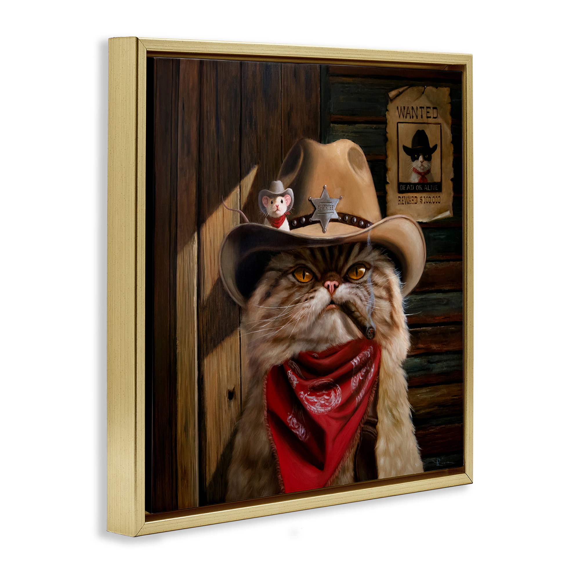 Deputy Purrkins Cat Sheriff Gold Framed Floater Canvas Wall Art, design by Lucia Heffernan