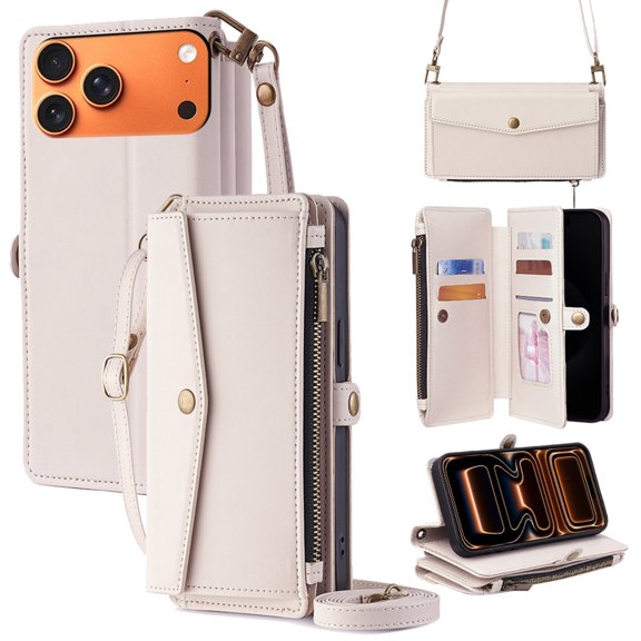 Moreoy Wallet Case for iPhone 17 Pro Max, Zipper Pocket, Card Slots Cash Holder, Photo Slot, and Detachable Shoulder Strap, Magnetic Buckle PU Leather Kickstand Shockproof Protective Cover,White