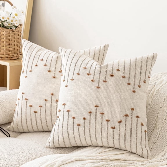 Set of 2 Neutral Woven Decorative Boho Throw Pillows Covers for Couch Bed Home Decor, 18x18 inch, Brown