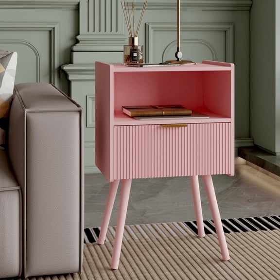 Nightstand,Modern Bedside Table with Storage Drawer and Open Wood Shelf, Accent Night Stand with Solid Wood Legs for Living Room, Bedroom and Small Spaces