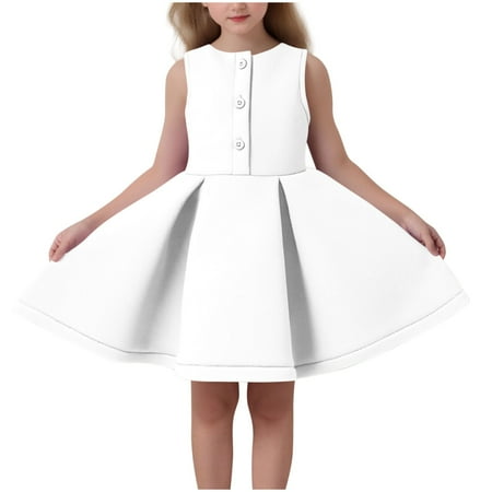 AINIYS Girls Sleeveless Flared A-Line Dress With Crew Neck And Hidden Back Zipper Lightweight Fabric For Party And Celebration White 4-5 Years
