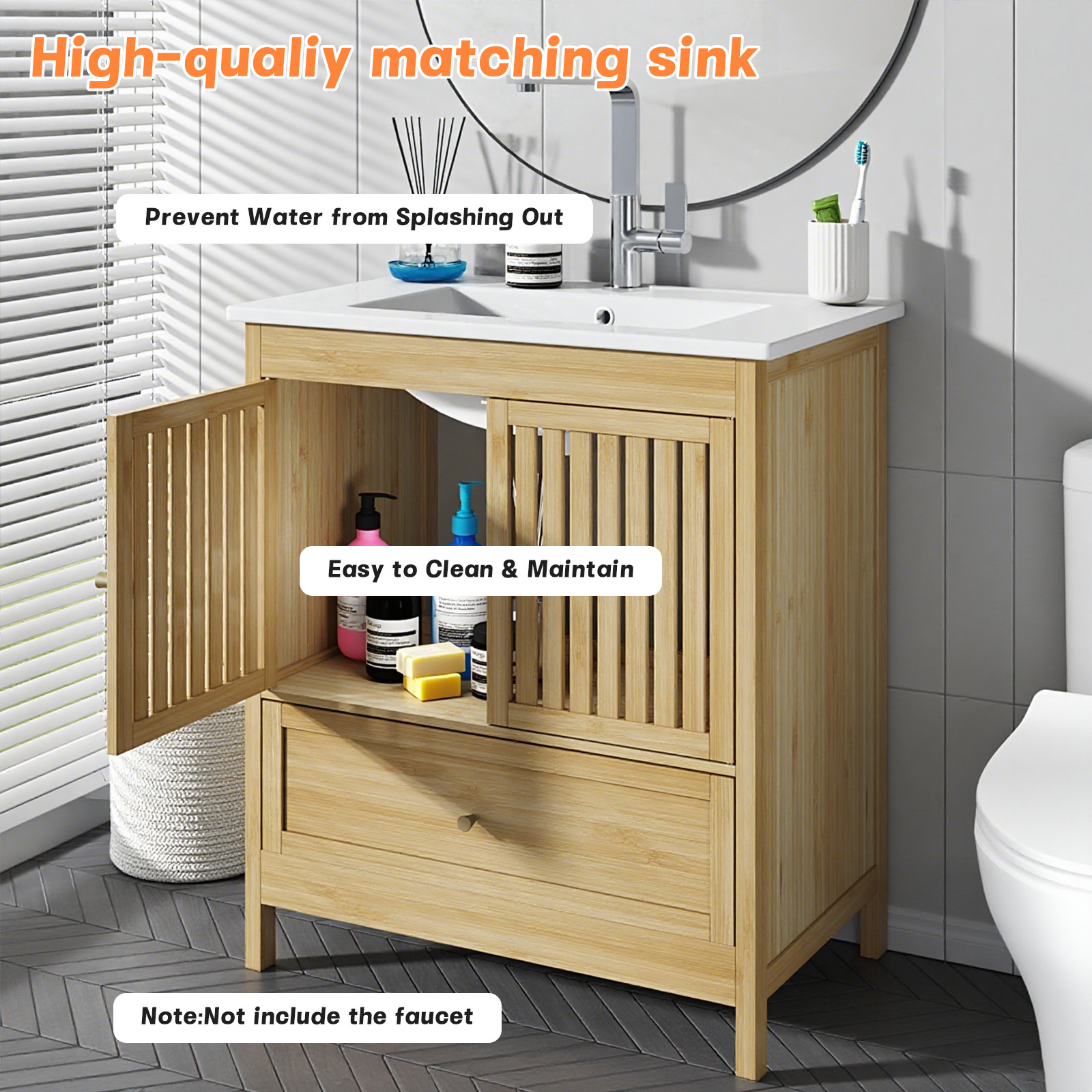 Naturoasis 30" Bathroom Vanity with Sink, Solid Wooden Free Standing Bathroom Cabinet, Farmhouse Bamboo Storage Cabinet with Large Drawer, Soft-Closing Louvered Doors with Built-in Shelves