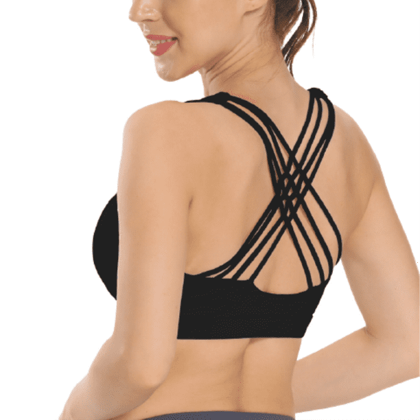 Padded Sports Bra Wirefree Mid Impact Yoga Bras Unique Cross Back Strappy  For Gym Yoga-black(s)