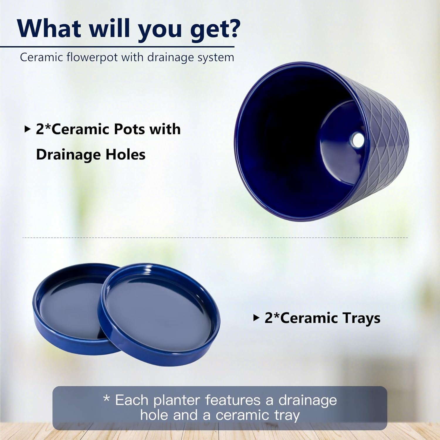 BUYMAX Plant Pots Indoor –6 inch Ceramic Flower Pot with Drainage Hole and Ceramic Tray - Gardening Home Desktop Office Windowsill Decoration, Set of 2(Blue)