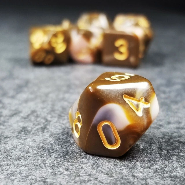 Sage'S Stones - Coffee/White Gold Ink Acrylic Polyhedral Dice Set Games Dnd