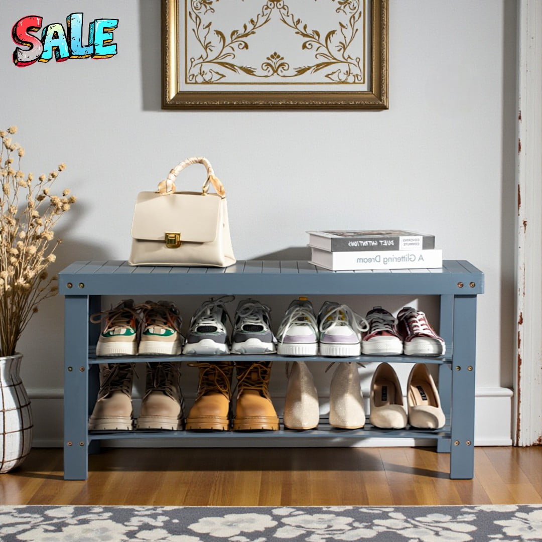Tcbosik Bamboo Shoe Rack Bench, 3-Tier Storage with Seamless Top, 35.4" Entryway Bench and Shoe Organizer, Space-Saving Design, Gray