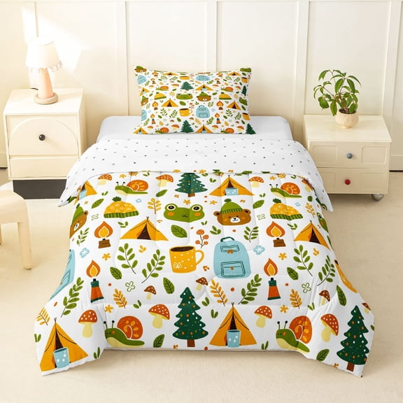 Manfei Lovely Bear Twin Comforter Sets,Cute Camping Print Bedding Set,White,Reversible,2 Pieces,1 Comforter and 1 Pillowcase