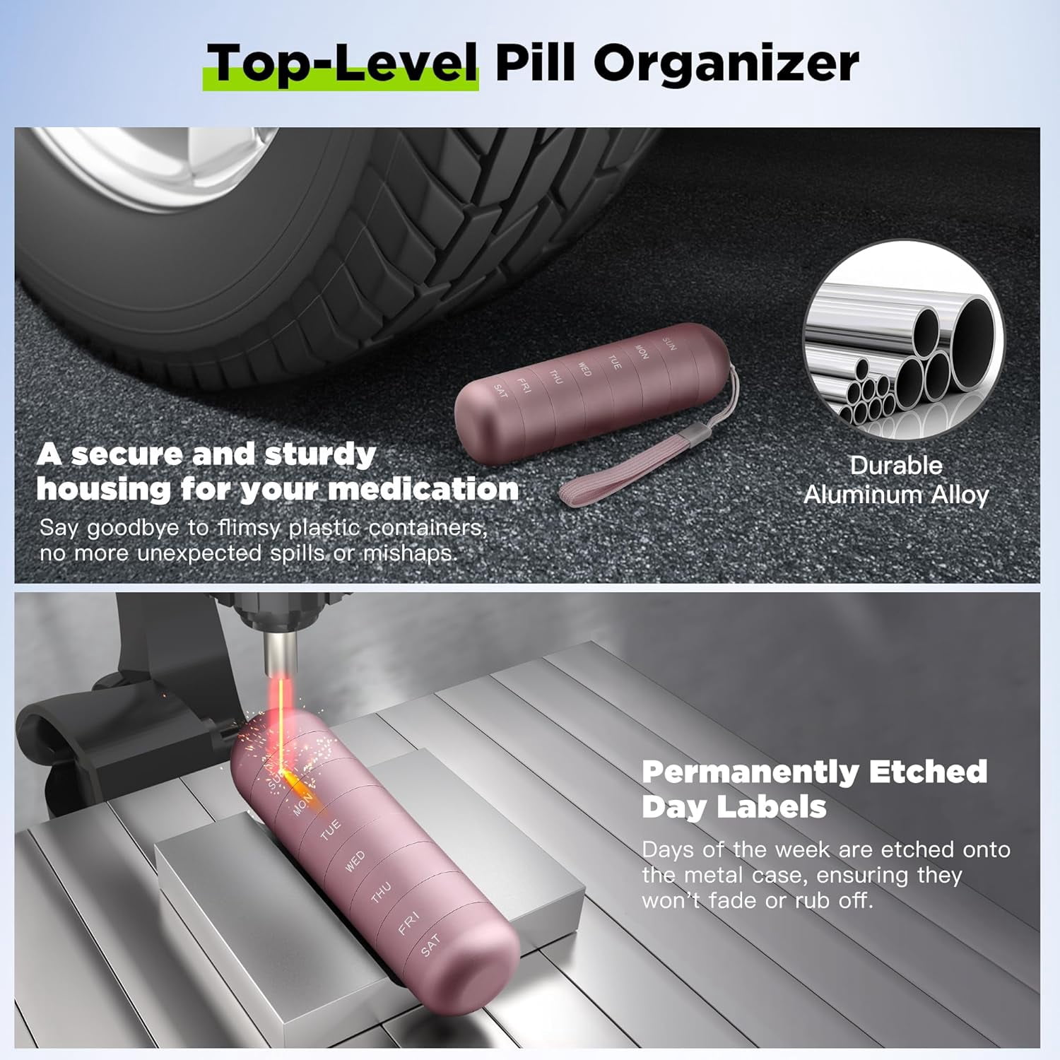 Metal Moisture Proof Weekly Pill Organizer, Stackable Aluminum Alloy BPA Free Travel Hiking 7 Day Pill Box Case