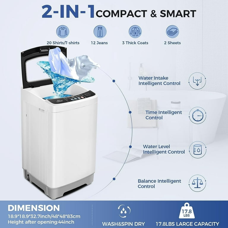 Qhomic Washing Machine, 17.8 lb. Capacity Fully Automatic Washer and Dryer Combo, Energy Efficient Portable Washing Machine with Clear Lid/LED Display
