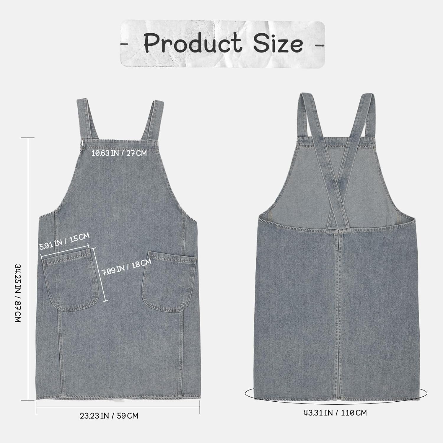 Cotton Denim Apron With 2 Pockets, Cross Back Aprons for Women Men, Bib Jean Kitchen Apron for Arts Cafe Work