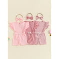 thumbnail image 4 of Aojekbee 3-Piece Toddler Girls Ribbed Set Ruffles Short Sleeve Round Neck Lacy Tops Elastic Waist Shorts Bow Hair Band Outfits, 4 of 10