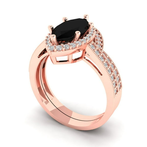 Clara Pucci 14K Rose Gold Marquise Cut 2Ct Natural Onyx Engagement Ring   Matching Band - Luxury Box Included