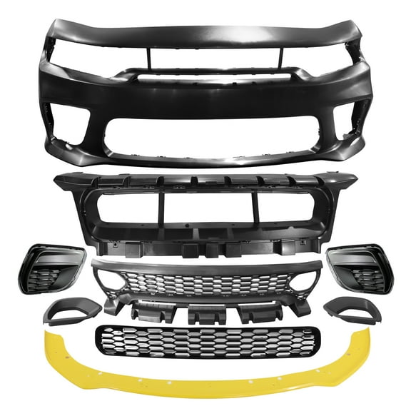 Ikon Motorsports Front Bumper Conversion W/ Yellow Lip Compatible With 2015-2023 Dodge Charger Widebody Style Front Bumper Cover & SRT Style Upper Grille & Lower Grille & Foglight Covers
