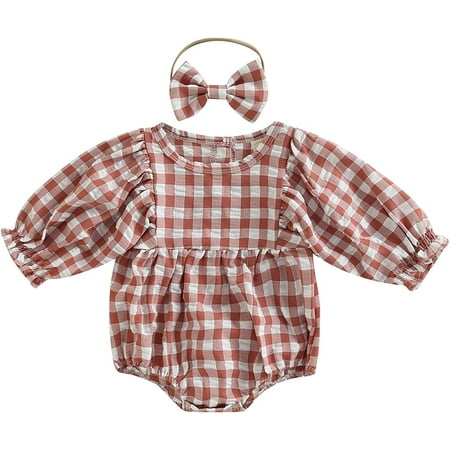 

PIKADINGNIS Newborn Baby Girls Clothes Plaid Ruffle Sleeve Romper Jumpsuit with Headband Cute Fall Winter Outfits