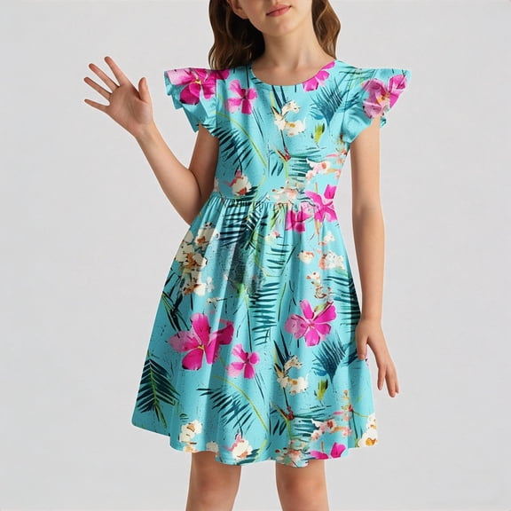 REDARER Girls Flutter Sleeve Tropical Floral Print Dress with Elastic Waist Casual Summer Playground School Outdoor Comfortable Breathable Outfit for Kids,6-7 Years