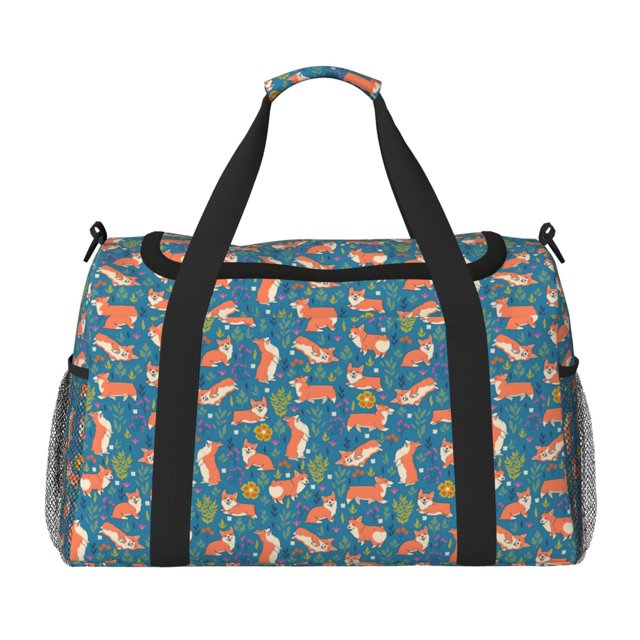 Fotbe Corgi with Flowers Bolsa de Viaje con Estampado, Bolsa de Fin de Semana para Mujer con Compartimento para Zapatos, Bolsa de Gimnasio con Bolsillo Húmedo