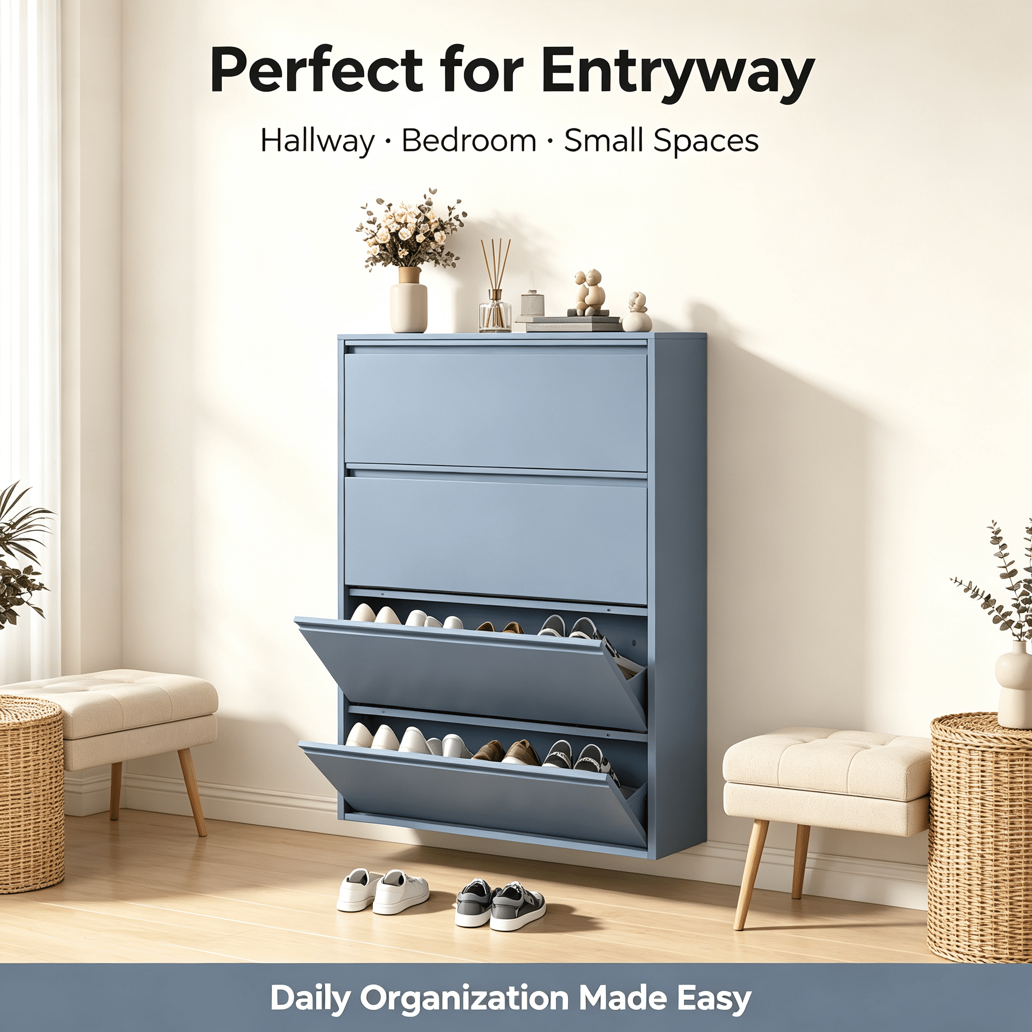 Aisword Wall Mounted Metal Shoe Cabinet with 4 Flip Drawers,Slim Steel Hidden Shoe Rack Shoe Organizer for Entryway,Blue