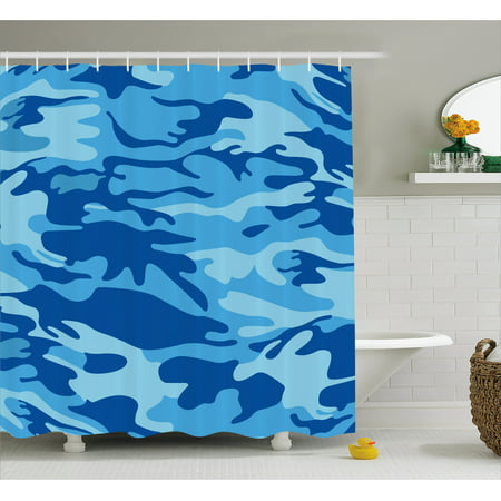 Camouflage Shower Curtain, Abstract Camo Navy Military Costume Concealment from the Enemy Hiding, Fabric Bathroom Set with Hooks, 69W X 70L Inches, Pale Blue Navy Blue, by