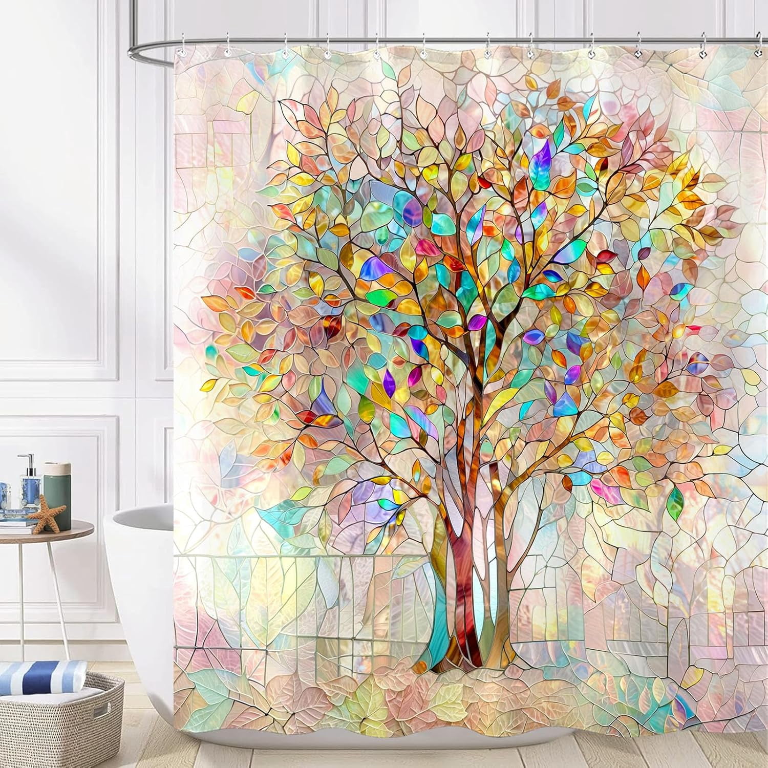 Tree of Shower Curtain Stained Glass Shower Curtain Art Life Shower Curtains for Bathroom Colorful Shower Curtain Set with 12 Hooks Tree 72×72 Inches