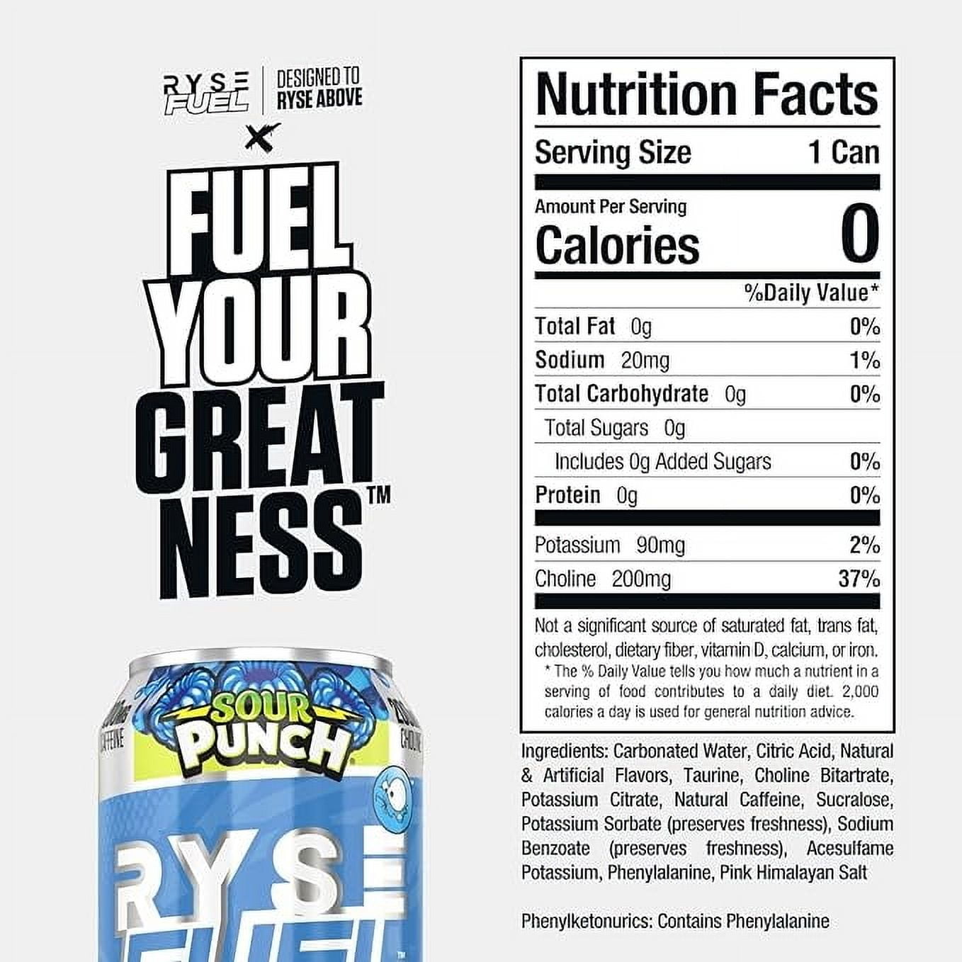 RYSE Fuel Sugar Free Energy Drink | Vegan Friendly, Gluten Free | No Fillers & No Artificial Colors | 0 Calories | 200mg Natural Caffeine | 12 Pack (Sour Punch Blue Raspberry)