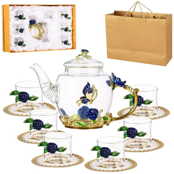 7 Pcs Floral Glass Tea Set, Fancy Flower Teapot Cup Set with Coasters for Women, Glass Tea Kettle Set with Gift Box, Tea Set for Adults