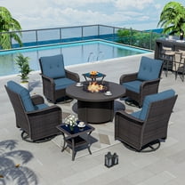 Kullavik 7 Pieces Outdoor Patio Furniture Set with 40000 BTU Round Fire Pit Table,PE Wicker Rattan Swivel Arm Chair Set, Patio Conversation Sets,Navy Blue