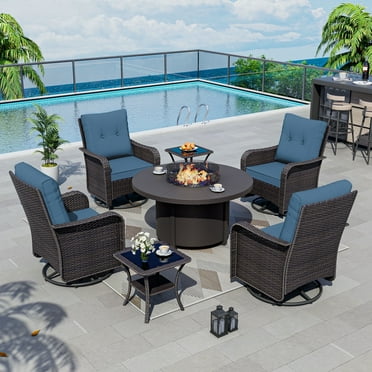 Kullavik 7 Pieces Outdoor Patio Furniture Set with 40000 BTU Round Fire Pit Table,PE Wicker Rattan Swivel Arm Chair Set, Patio Conversation Sets,Navy Blue