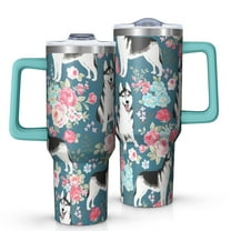 OBREWU Husky Dog Flower Floral Tumbler with Handle and Lid,Husky Dog Flower Floral 40oz Double Wall Vacuum Insulated Tumbler,Cups Gift for Women and Men
