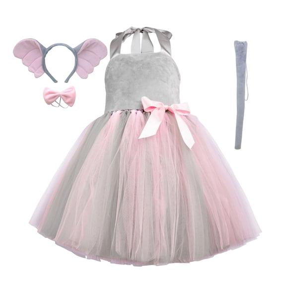 Vdoaml Girls Halloween Performance Costume Kids Tutu Dress Set Halter Mesh Skirt with Accessories Animal Cosplay Outfit 5-6Years Grey