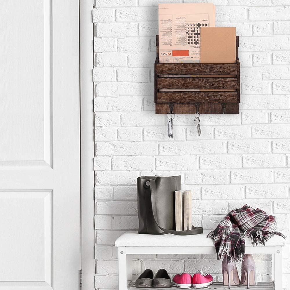 Oumilen Wood Wall Mount Mail and Key Holder Organizer with 3 Key Hooks, Brown