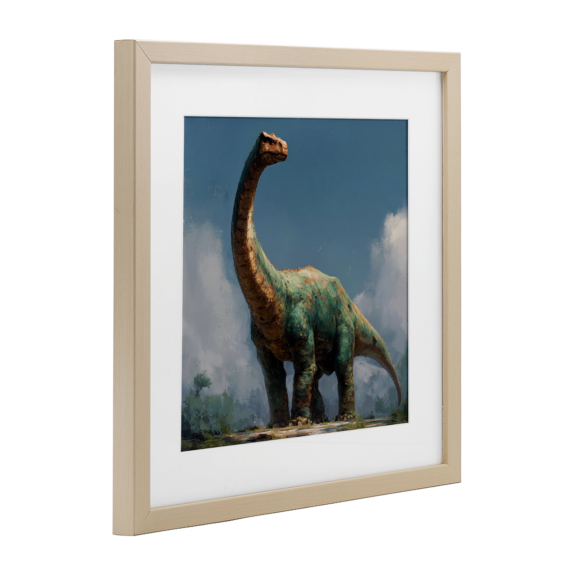 Stupell Industries Colossal Brontosaurus in Meadow Birch Framed Print Under Glass, design by Wumples