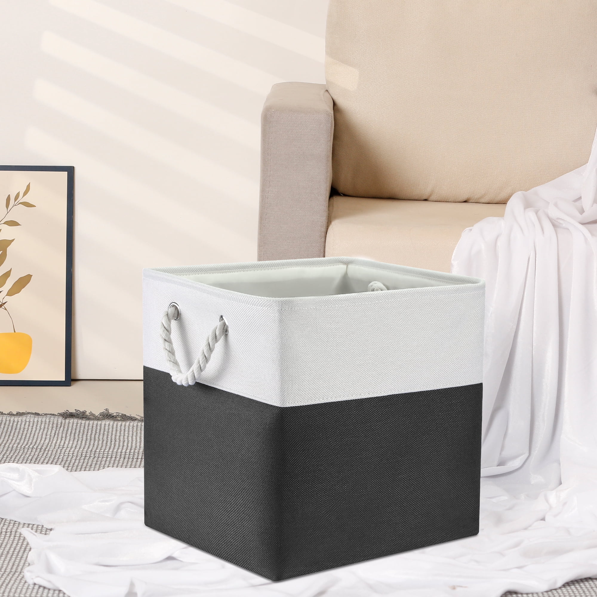 Unique Bargains Square Fabric Storage Basket Bin White/Black 13inch