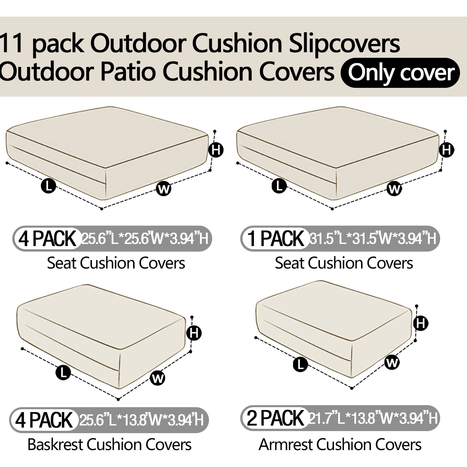 FKS LIFE 11 Pack Outdoor Patio Cushion Covers, Water Resistant Fade Resistant Washable Furniture Slipcovers for Sofa and Chairs,Dark Blue