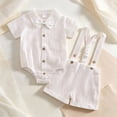 thumbnail image 2 of YWIYIUD Toddler Baby Boy Clothes Suit Solid Color Formal Dress Shirt Button Down Short Sleeve Romper with Bowtie+Suspender Shorts Set Kids Boy Gentleman Suit Holiday Wedding Outfits 9-12 Months, 2 of 5
