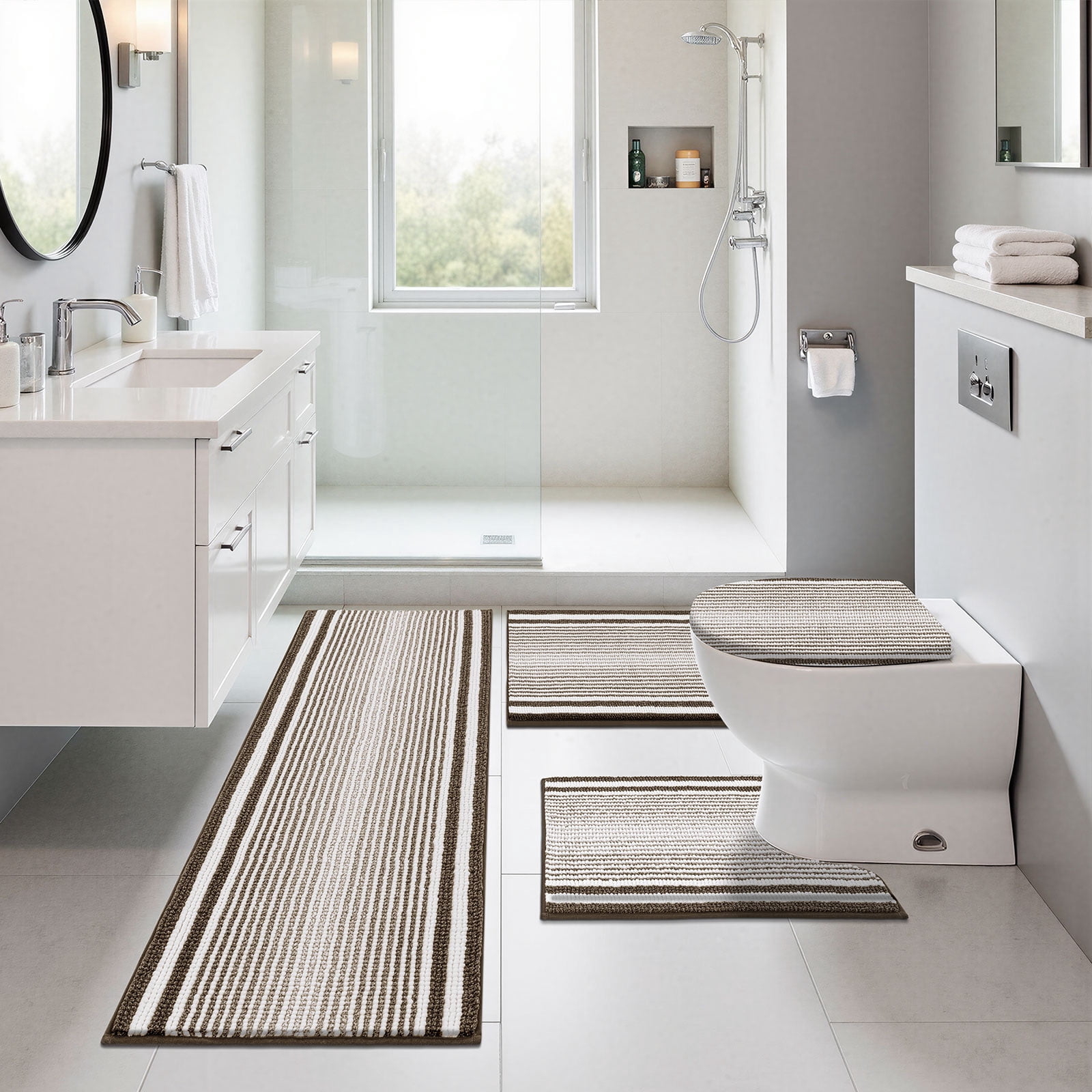 Ileading Chenille Bathroom Rugs Sets 4 Piece, Super Absorbent Non Slip Washable Bath Mat and U-Shaped Contour Toilet Rug Set for Tub Shower Floor Carpet
