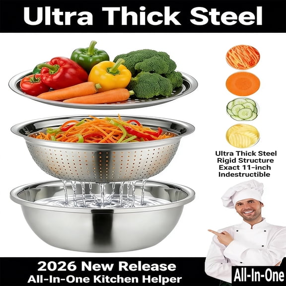 Grating and Slicing Bowl 3 in 1, Multifunctional Stainless Steel Basin with Grater, Strainer Drain Basket for Vegetables Fruits Rinsing Draining Mixing, Colander Rice Rinser - 11in