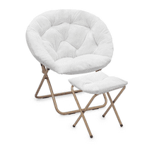 Round Folding Faux Fur Saucer Chair for Bedroom Living Room Dorm Foldable Metal Frame Oversized Large Comfy Furry Padded Soft Cozy Moon Chair with Footrest Ottoman for Adults (White)