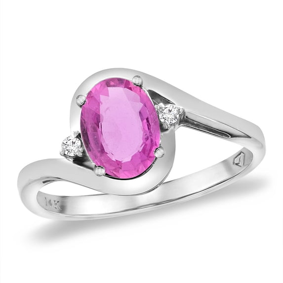14K White Gold Diamond Natural Pink Sapphire Bypass Engagement Ring Oval 8x6 mm, size 5