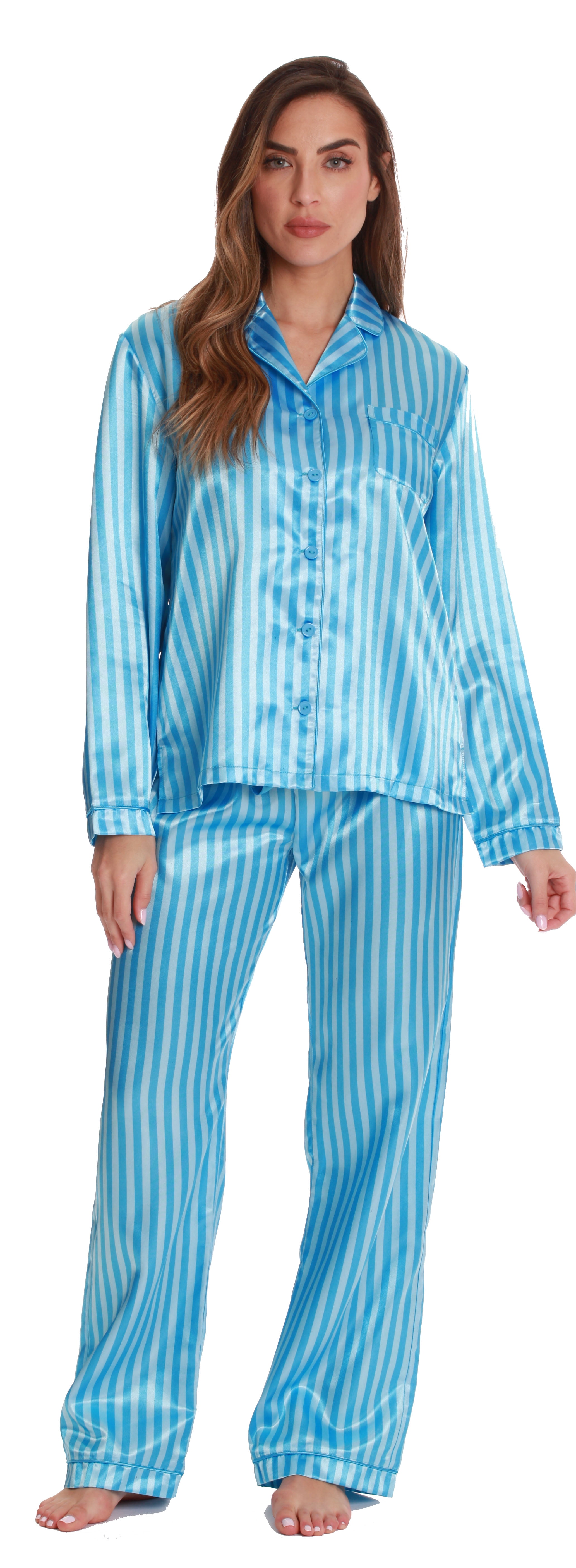 Just Love Satin Pajama Pants Set with Notch Collar (Blue with Stripe, X