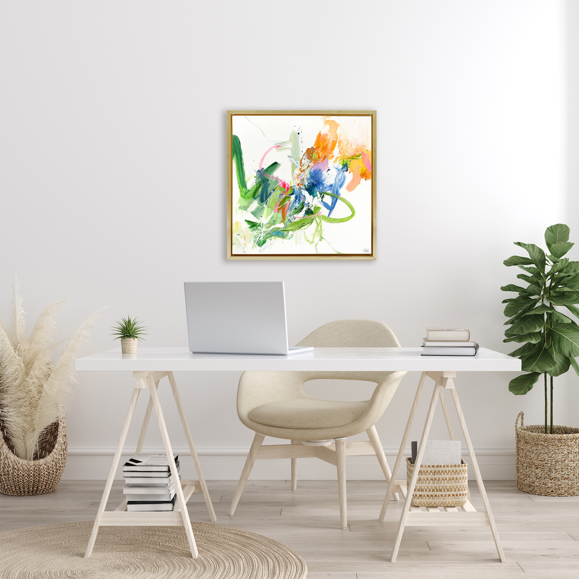 Confident Green Abstraction Gold Framed Floater Canvas Wall Art, design by Design Fabrikken