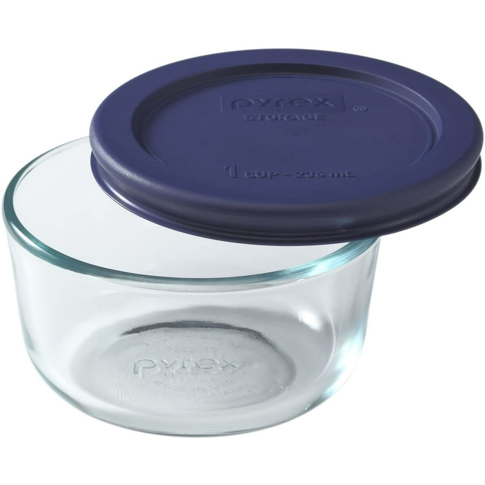 Pyrex 7202 1 Cup Clear Round Glass Food Storage Bowl w/ 7202PC Dark Blue Lid